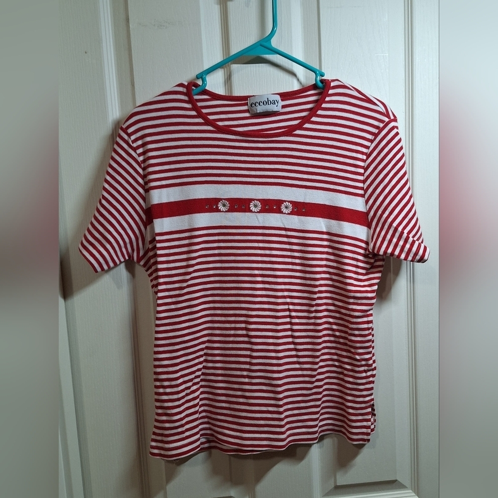 Ecco Red and White Striped Top T Shirt XL